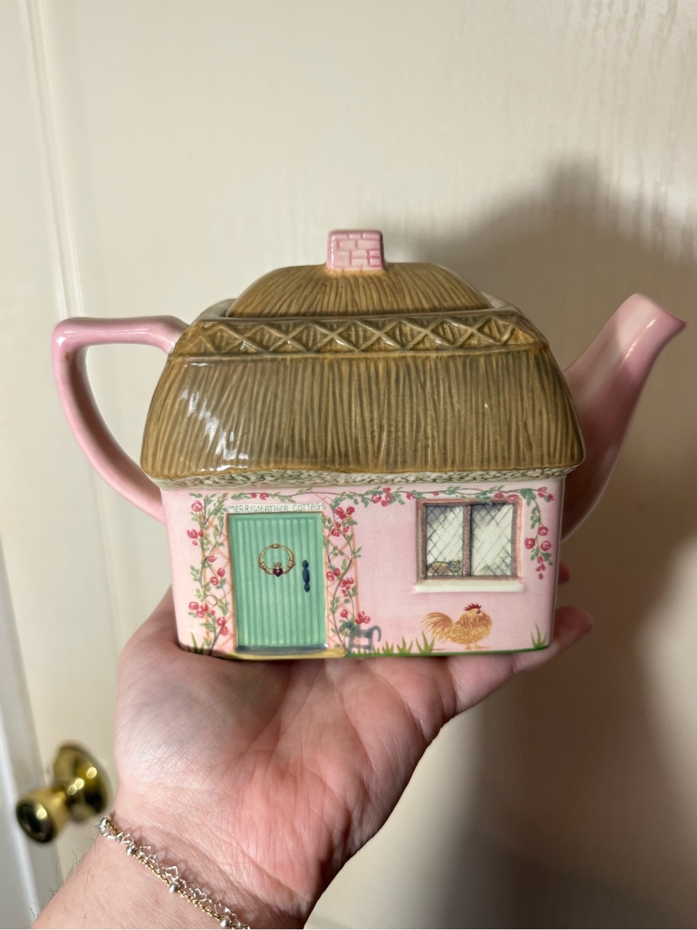 Pink Cottage Ceramic Teapot with Mint Door Accent - Charming Home Accent